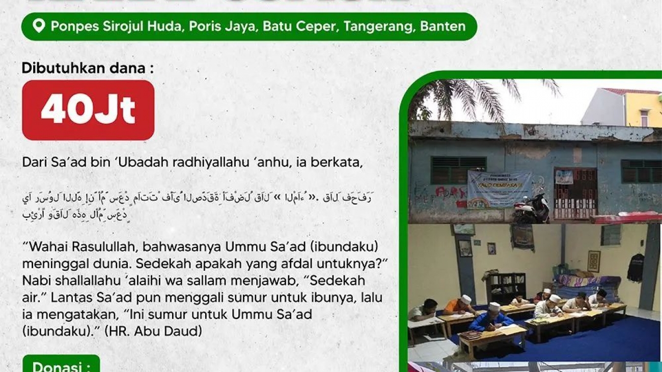 Wakaf Sumur untuk Ponpes Sirojul Huda, Poris jaya, Batu ceper, Tangerang Banten